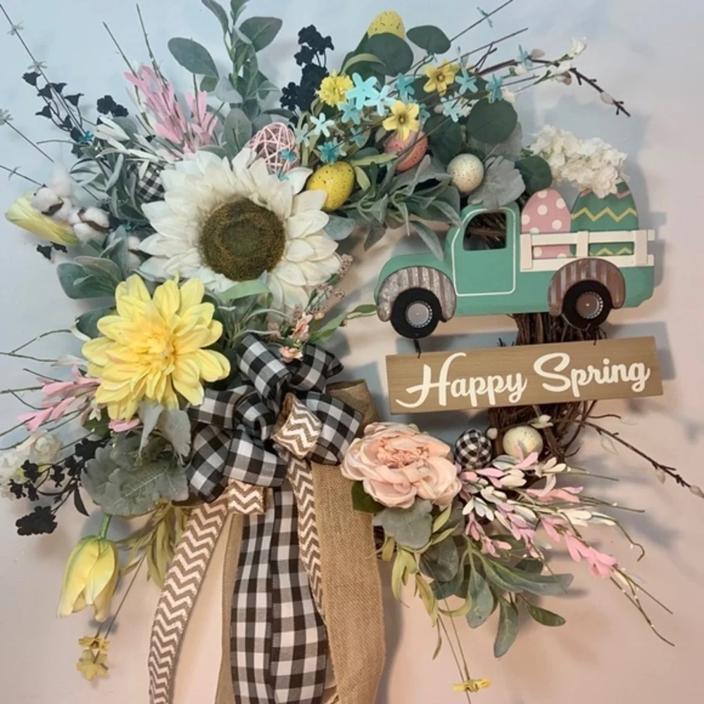 New Designer Floral Spring Easter Truck Farmhouse Plaid Burlap Wreath